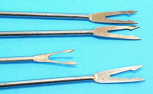 Vintage 70er Jahre Fonduegabeln 4er Set farbcodiert Holz Edelstahl - Bild 3 von 3