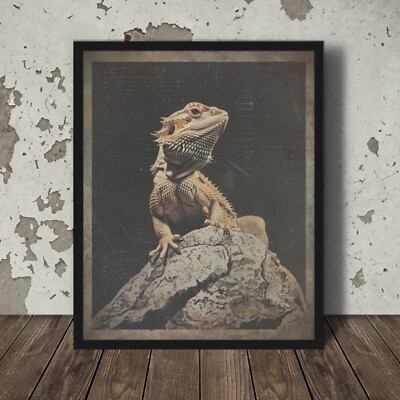 BEARDED DRAGON Retro Wall Art, Rustic Reptile Lizard Decor, Pet Dragon Poster