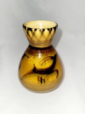 Hand Painted 1940-1950 Rare Israeli Vintage 3'' Honey Glazed Gazelle Lapid Vase