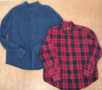 FADED GLORY SHIRTS MEN LARGE BUTTON DOWN DENIM & RED PLAID POCKETS - SET OF 2