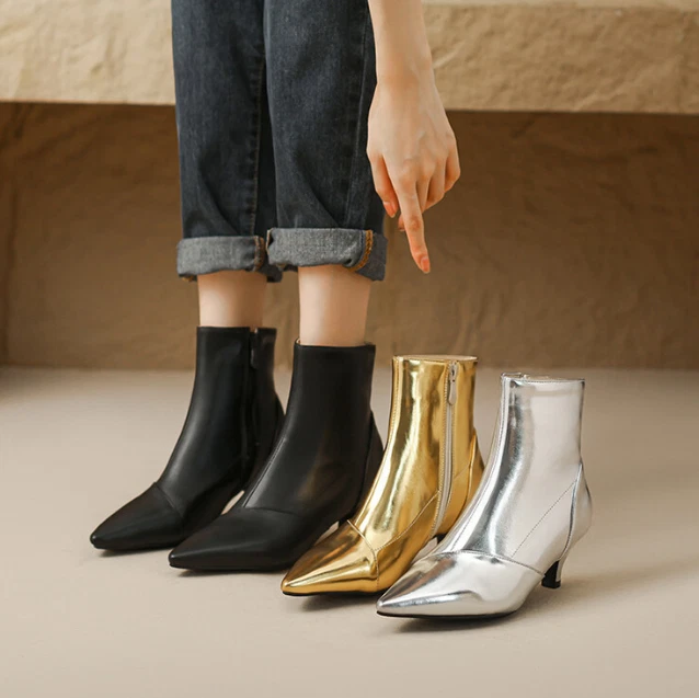 Womens Leather Pu Pointed Toe Side Zipper Kitten Heels Ankle Boots