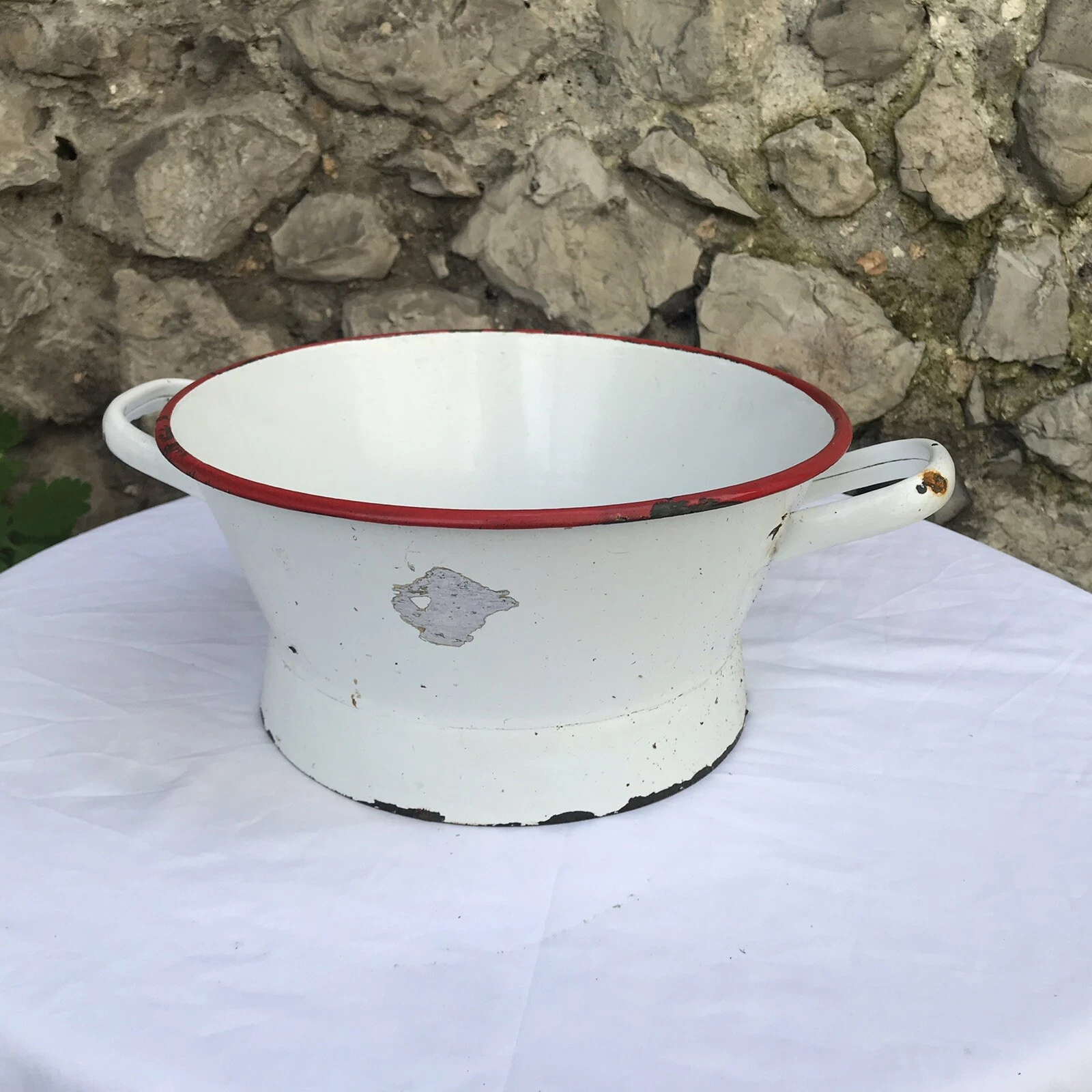 Antique Belgian French Enamelware Graniteware Strainer Colander Red White large