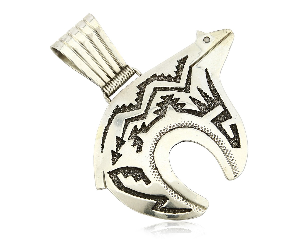 Navajo Spirit Bear Pendant SOLID .925 Silver Overlay Signed Artist