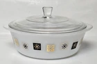 VTG Inland Glass Covered Casserole Dish MCM Atomic Stars Black Gold White Lid