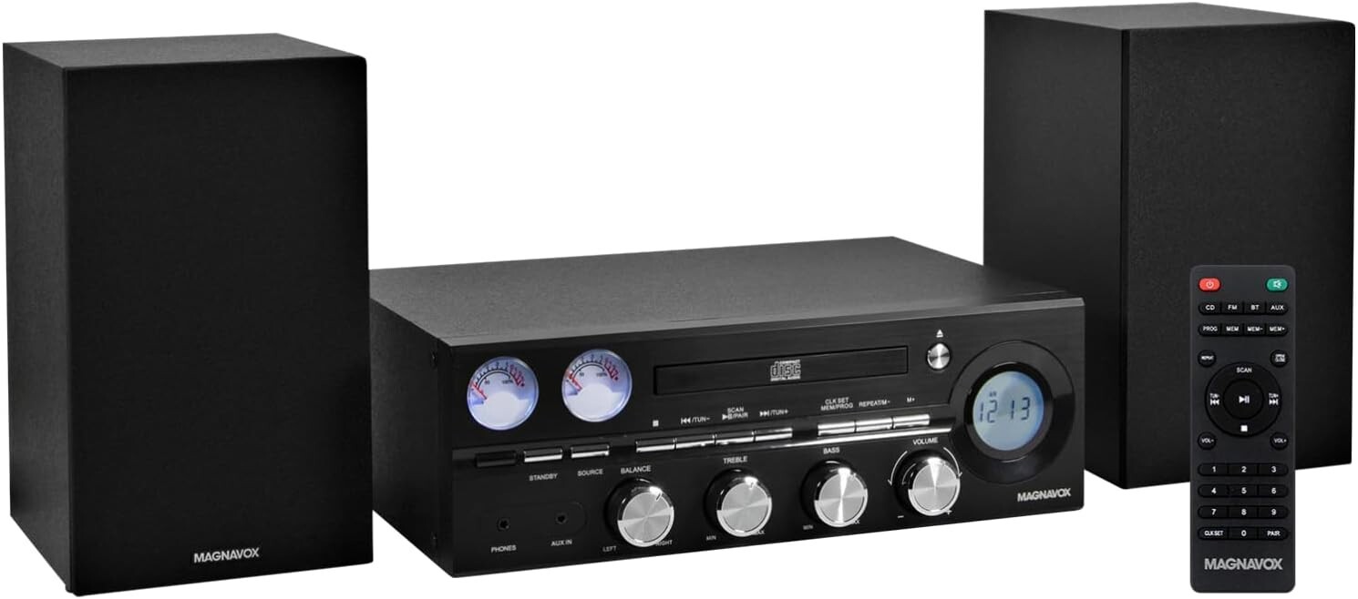 Compact 50W Bluetooth CDs & FM Stereo Player with Remote – Elegant Black Design