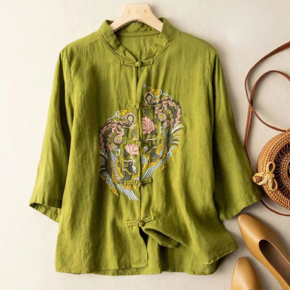 Chemise Chinoise Femme Brodée Col Mao - Mélange Coton - Boutons Pression Style Grenouille - Taille Petite