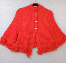 Vintage Girls Acrylic Knit Poncho with Silver Buttons Red