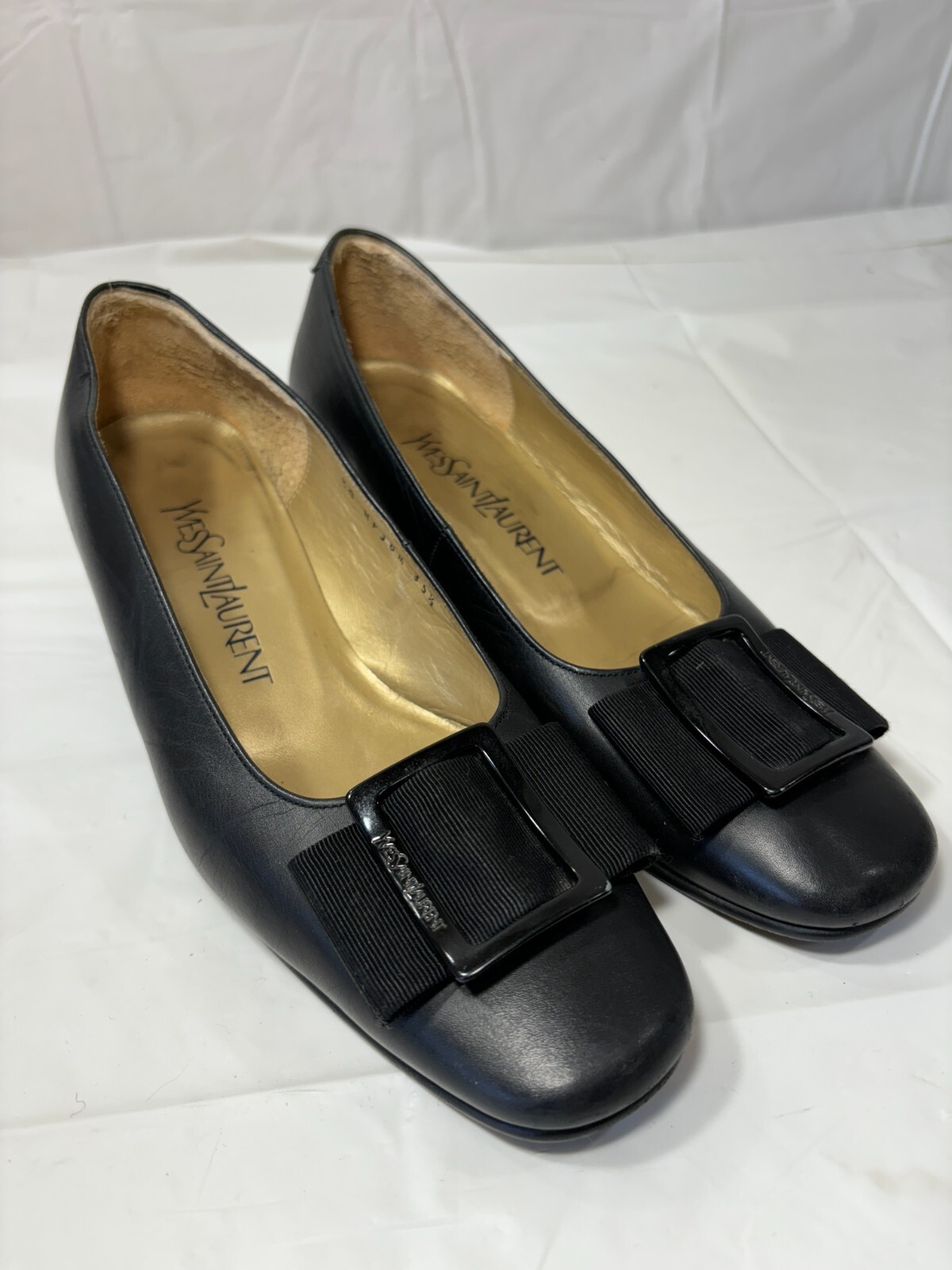 Mocassino Yves Saint Laurent nero fiocco quadrato pelle tacco fibbia misura 5 5