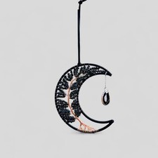 Medium Wall Hanging Crescent Moon Dream Catcher with Black Obsidian Stones  Han
