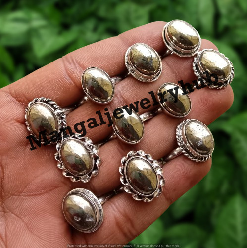 Pietra preziosa pirite dorata 10 pezzi anelli argento sterling 925 placcato gioielli sfusi lotto