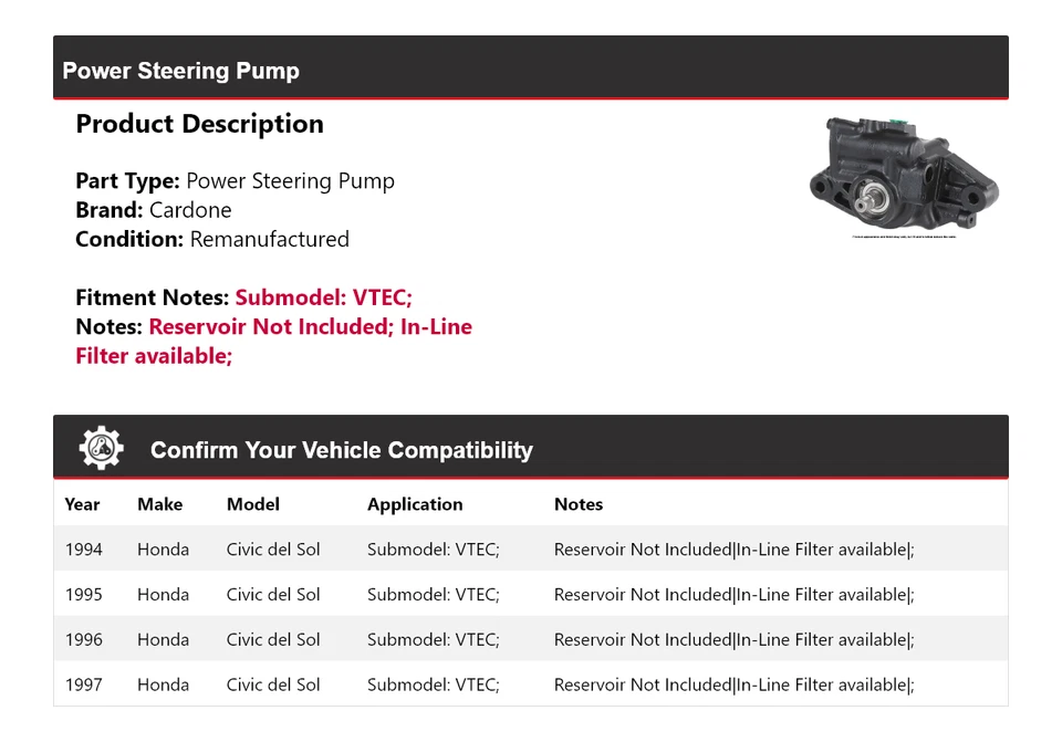 Насос гидроусилителя руля Cardone 1995 1996 для Honda Civic del Sol VTEC 1994-1997 годов выпуска - Изображение 2 из 4