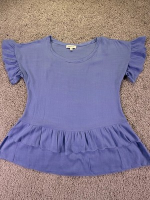 Hailey & Co. Women s Boho Blouse Size Medium Blue Short Sleeve Summer