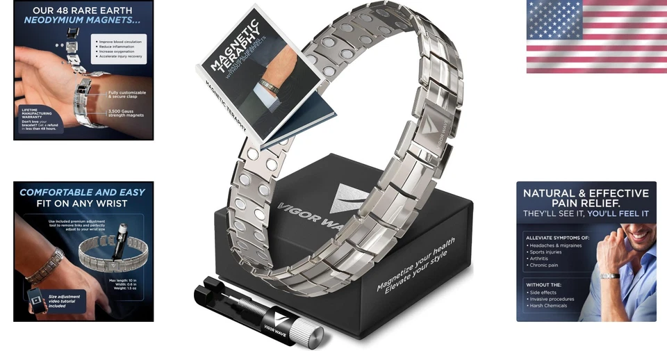 Pulsera magnética de titanio de grado quirúrgico con herramienta de tamaño ajustable y caja de regalo Foto 2 de 4