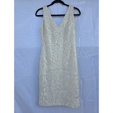 Lauren Ralph Lauren Gold Metallic Ivory Lace V-Neck Sheath Cocktail Dress SZ 4
