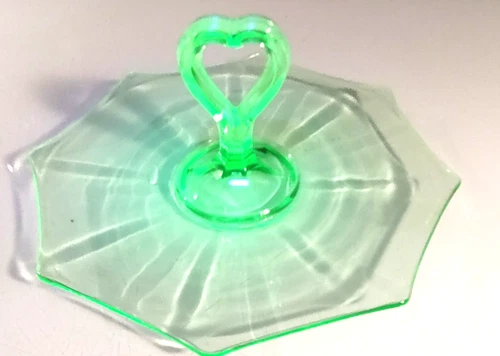 Green Depression Uranium Glass Serving Dish With Heart Handle UV Reactive