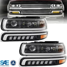 Fits 99-02 Chevy Silverado 00-06 Tahoe LED Projector Headlights+Bumper Lamps DOT
