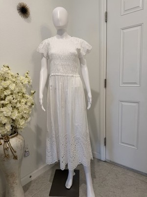 J.McLaughlin Sea New York Geneva White Eyelet Smocked Midi Dress NWT $ 268.00