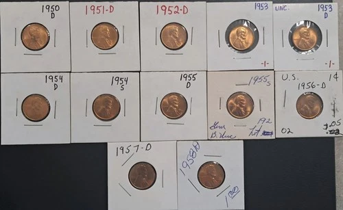 1950-1958 P,D,S, Wheat Cents,Lot Of 12, Uncirculated/Brilliant Uncirculated, Red