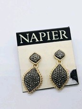 NAPIER Druzy Dangle Pierced Earrings Black Pebble  1.5 in Vintage 