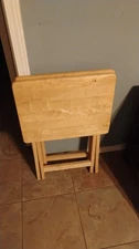 Wooden TV Tray Set With Storage Stand Folding Table Snack Food Natural Finish