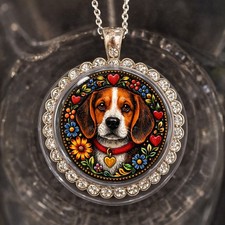 Folk Art Beagle Dog Flowers 925 Silver Necklace Great Gift Gift Box Rhinestones