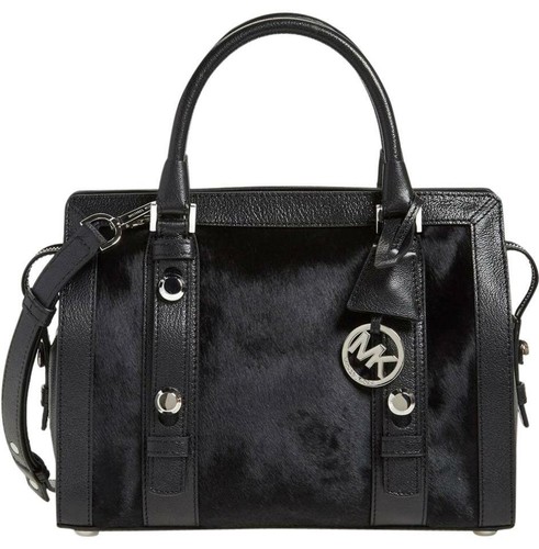 NWT $498 MICHAEL KORS "Collins" Studded Med Satchel BLACK Leather Calf hair
