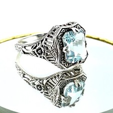 925 Sterling Silver Filigree Simulated Aquamarine Ring - Size 7 3/4