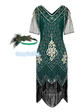 X-P1-3 Deluxe Ladies 1920s Roaring 20s Flapper Gatsby Costume Sequins Green