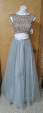 Terani Couture Glamour 2 Piece Beaded Prom Dress Crop Top Silver Tulle Skirt Sz6