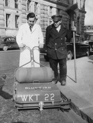Westminster Council road sweeper looks a man uses new mechanica- 1956 Old Photo