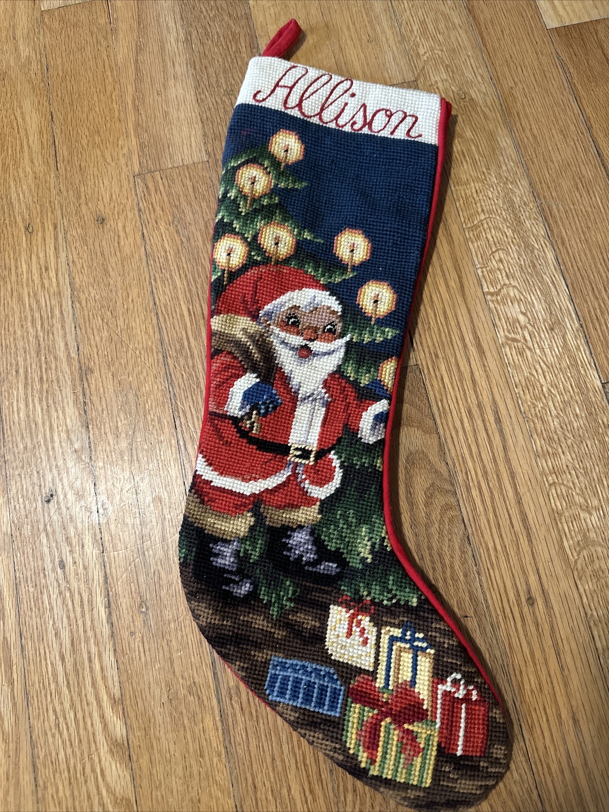 SFERRA NEEDLEPOINT CHRISTMAS STOCKING SANTA WITH PRESENTS Allison