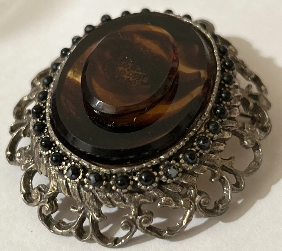 Broche Pin Colgante Vintage Años 40/50 Grande Latón Ojo de Tigre Único