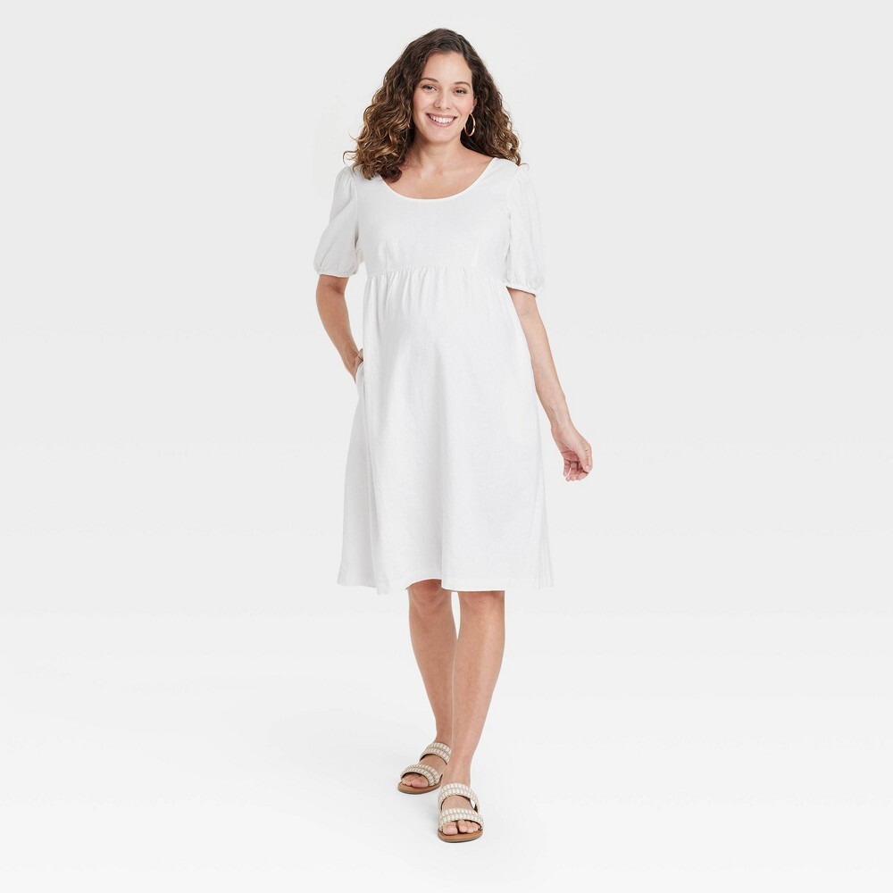 Puff Short Sleeve Linen Midi Maternity Dress
