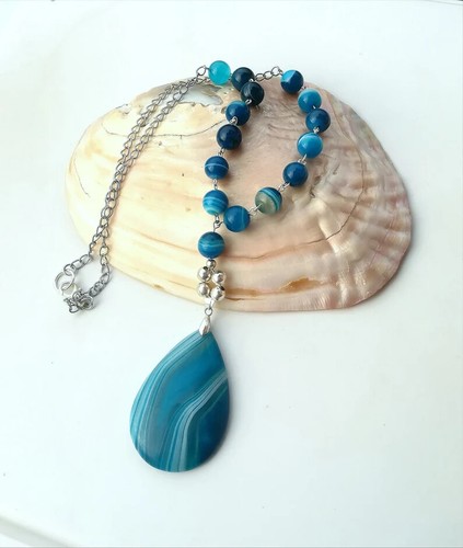 COLLANA DONNA IN AGATA NATURALE CON PENDENTE DI AGATA BLU E ARGENTO 925 - Foto 8 di 14