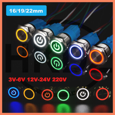 Metal Push Button Switch Momentary LED Illuminated ON/OFF 15/19/22mm 12/24/220V