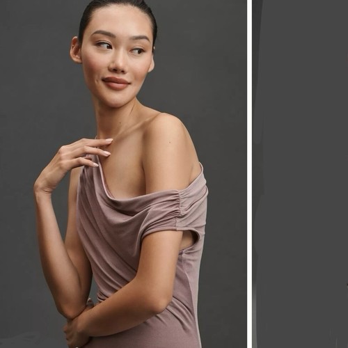 By Anthropologie Asymmetrical Slim Midi Dress- Taupe Purple- Womens SZ Small - Picture 3 of 23