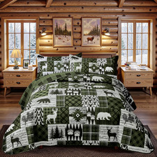 3 Piece Cabin Quilt Sets California King Size Farmhouse Rustic Reversible Microf