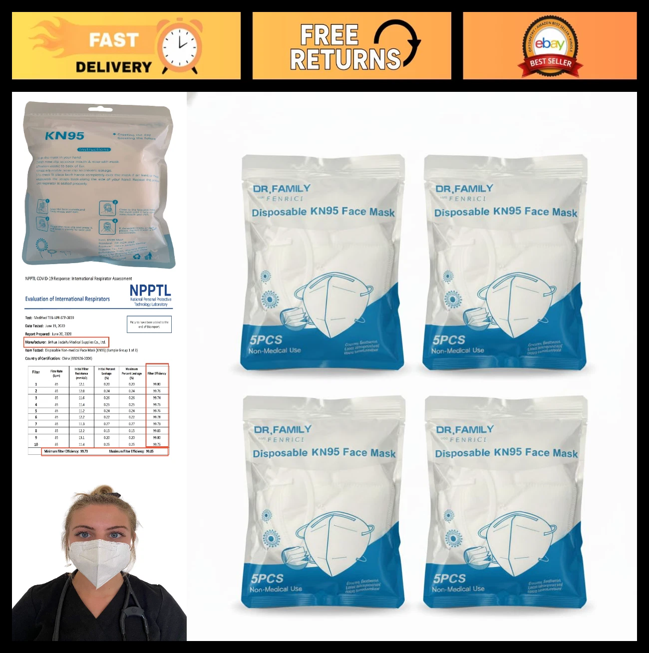20 Pack Disposable KN95 Face Masks - 5-Layer, Adjustable Nose Wire, Ear Loops, L