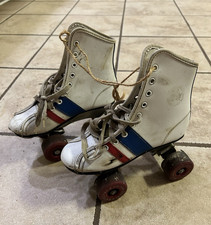 White Vintage Roller Derby Skates Kids. Blue Red Stripe.