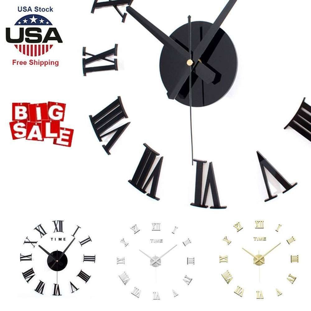 Large 3D Mirror Surface Wall Clock Modern Sticker Home Decor Art Design DIY NEW