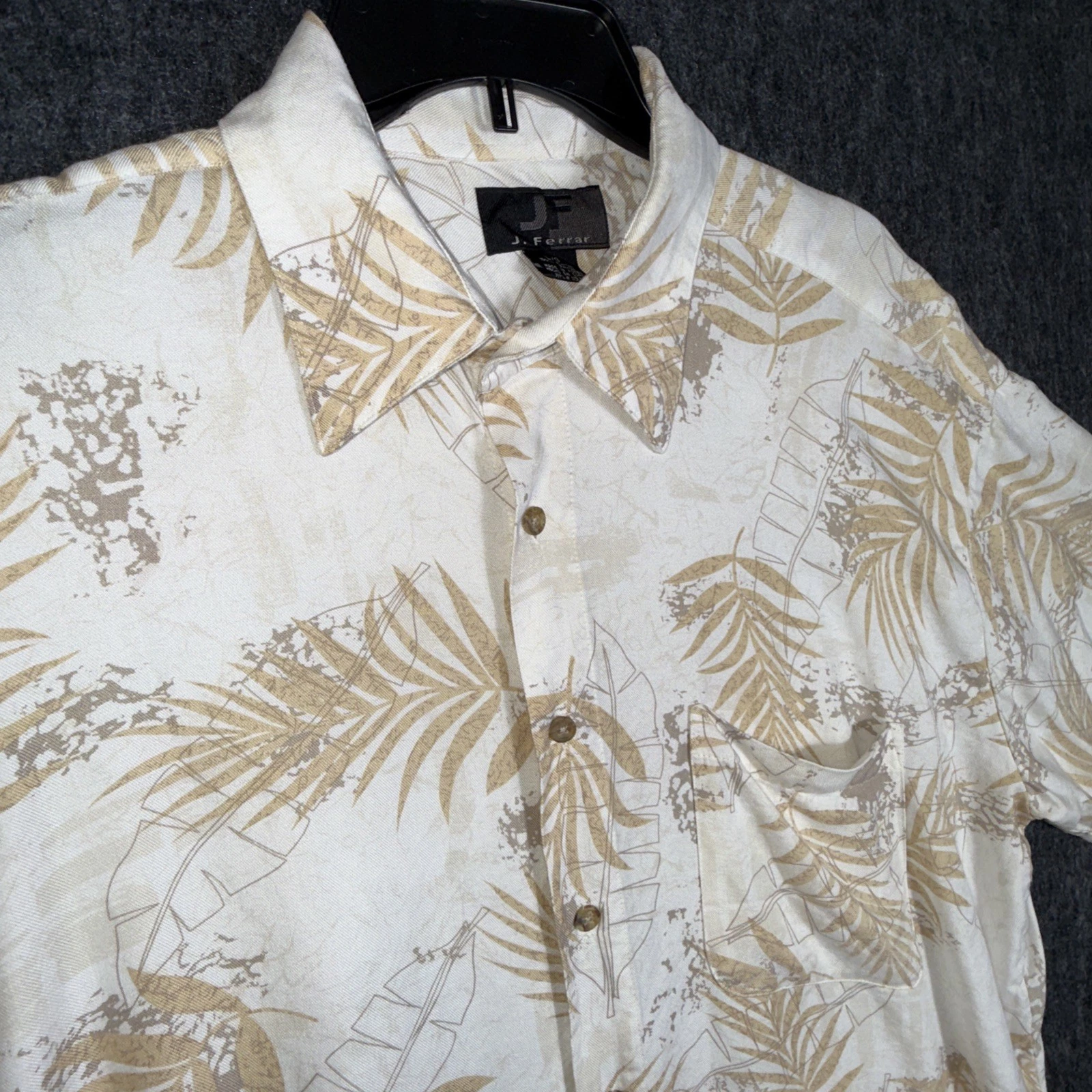 J Ferrar Mens Rayon Tropical Button Down Shirt Hawaiian Botanical Large Beige