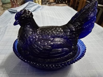 Large Cobalt Blue Glass Hen On A Nest The Base Is 7.5 Inches