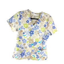 Vintage S B Scrub Top Women's Size Small Blue Tan White Floral Toe Back...