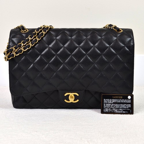 Chanel Classic Maxi Black Caviar Leather Double Flap Shoulder Bag Purse Handbag