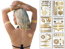 Terra Tattoos Gold Metallic Tattoo Flash Sheets Designs of Elephants, Flowers...
