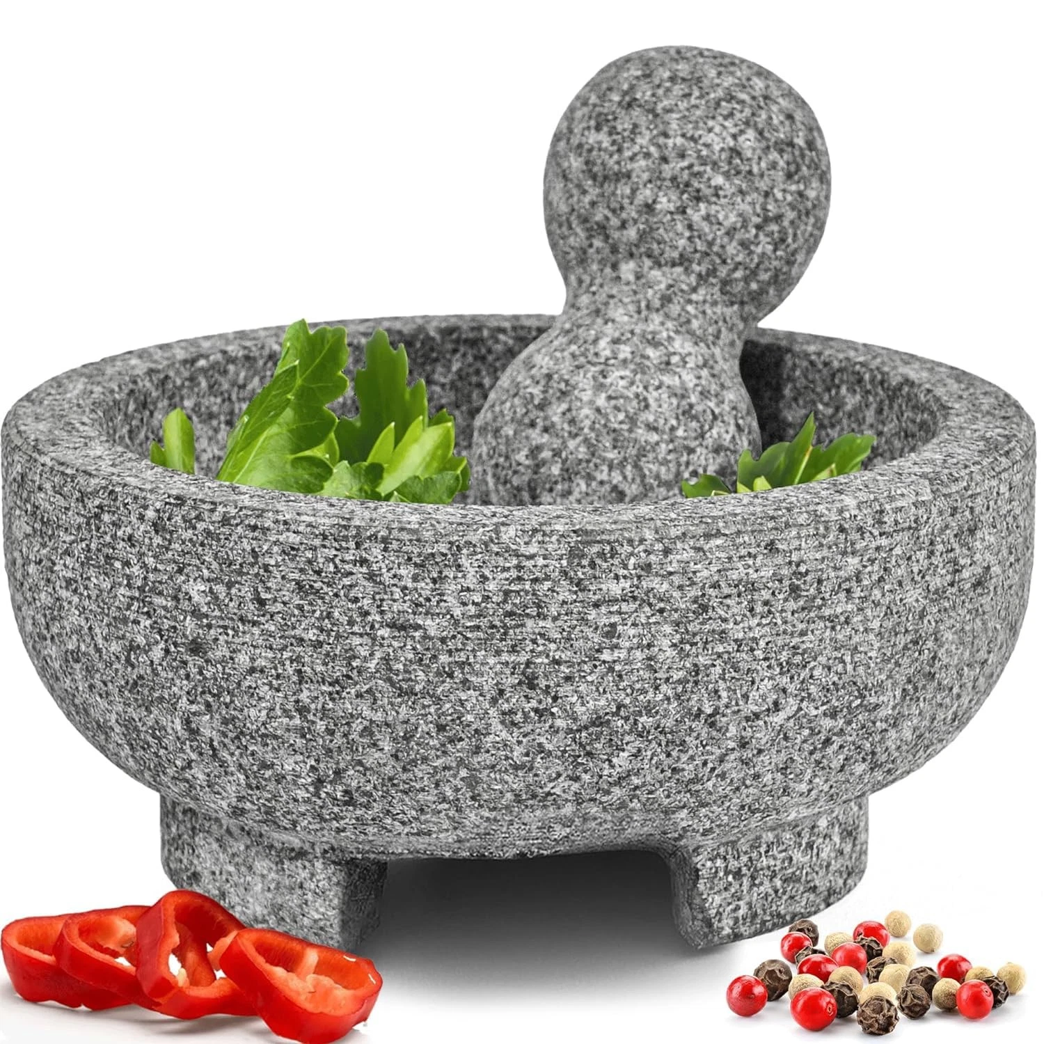 PriorityChef Granite Mortar and Pestle Set - 6.1 Inch Natural Stone Grey