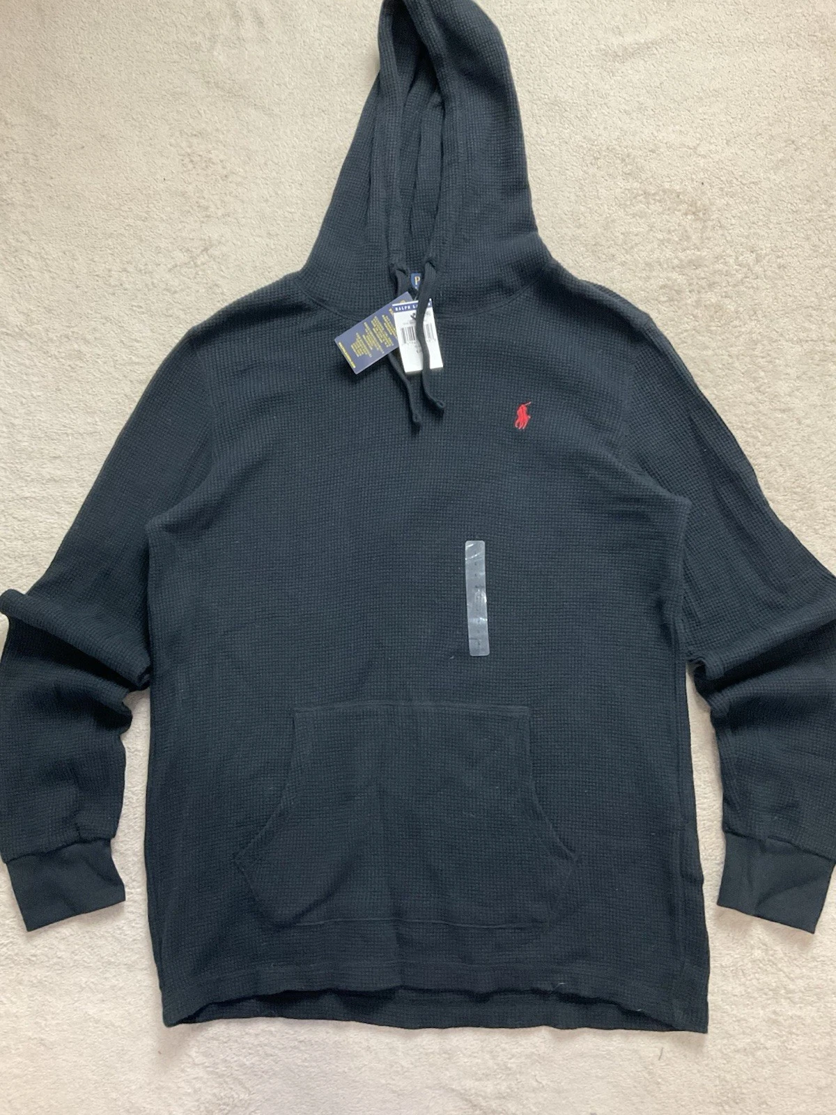 Polo Ralph Lauren Black Waffle Knit Hoodie Red Pony Logo Men's Medium Pullover