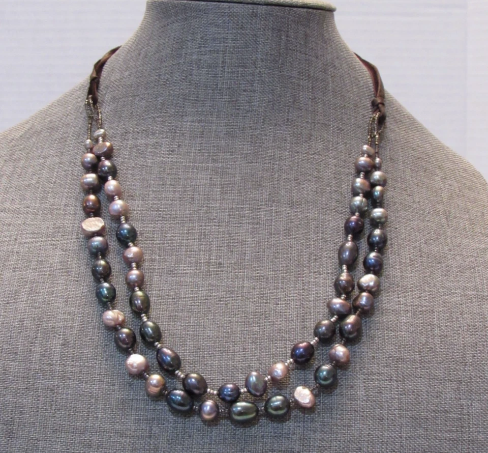 Vtg PEYOTE BIRD Signed Sterling Leather 2 Strand Pearl Necklace Boho Chic Money - Image 4 of 4