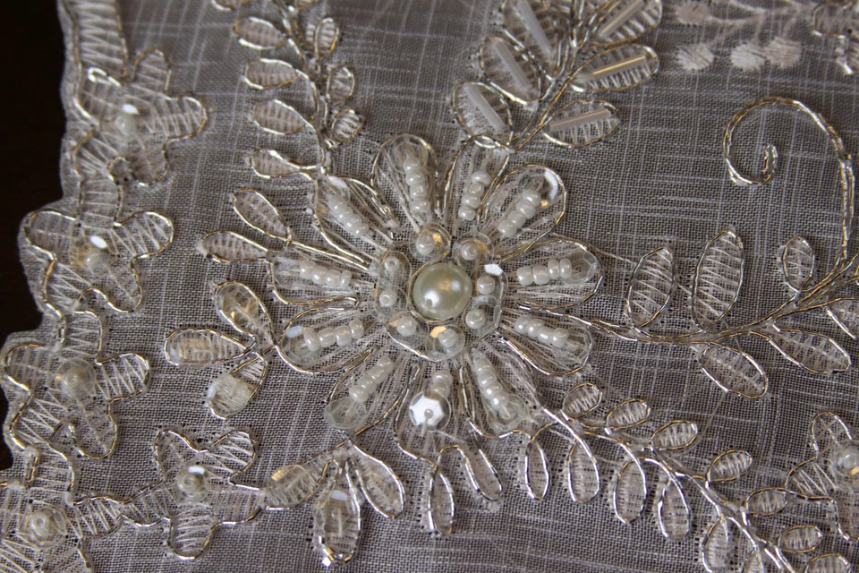 Gold White Silver Embroidery Beaded Placemat Runner Wedding Victorian Decor - Image 2 of 4