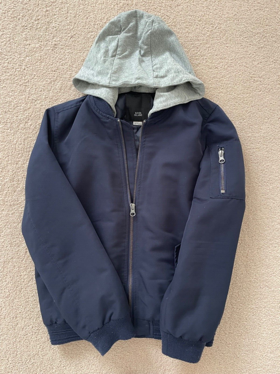 RIVER ISLAND Boys Blue Bomber Jacket Grey Marl Removable Hood (9
